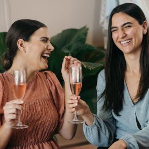 Two women sitting together, laughing and toasting with glasses of rosé wine. One is wearing a pink dress, and the other is in a light blue top.