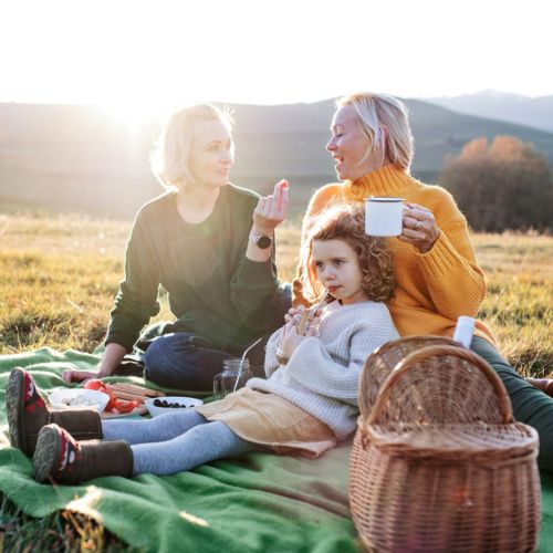 Three people sitting on a green blanket in a grassy field having a picnic. The sun is shining brightly, and they have a picnic basket with various snacks laid out. One adult is holding a cup, another adult is holding a snack, and a child is sitting between them.