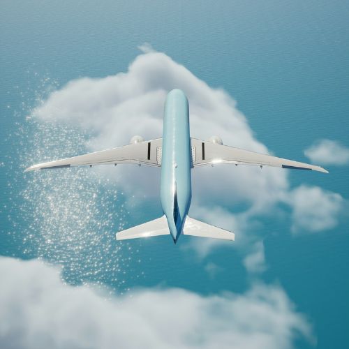 An airplane flying above the clouds, photographed from behind and below, with the sky and ocean visible below.