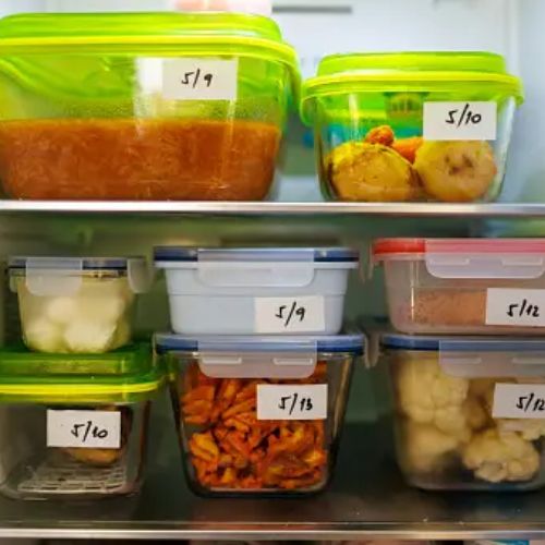 An organized refrigerator interior with various food items stored in clear, labeled containers, demonstrating an efficient meal-preparation system.