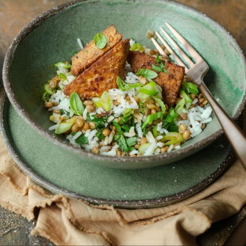 A healthy bowl of rice mixed with vegetables and topped with marinated tofu, with a side of dipping sauce in a green bowl on a rustic surface.