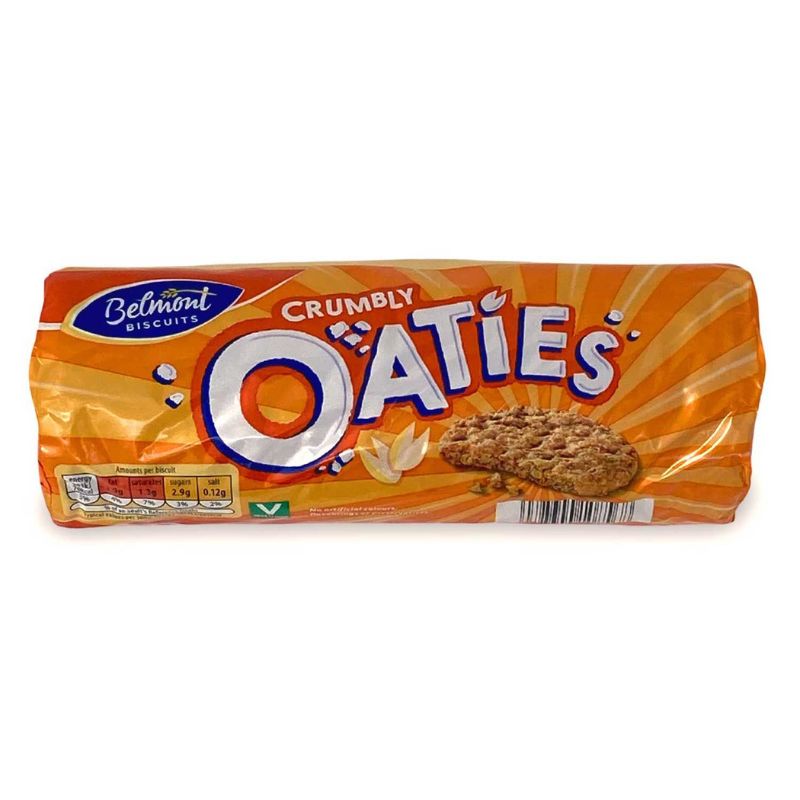 A pack of Belmont Biscuits Crumbly Oaties, with orange packaging displaying an image of a whole oat biscuit and a cracked biscuit with crumbs.