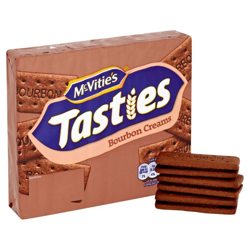 A box of McVitie’s Tasties Bourbon Creams, showcasing rectangular chocolate sandwich biscuits with a chocolate cream filling.