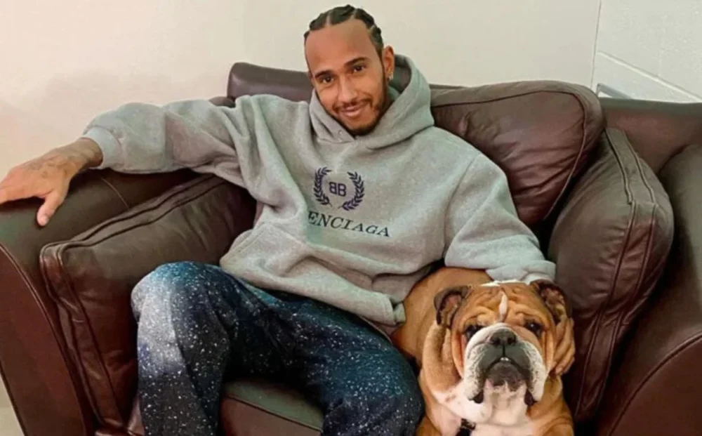 Lewis Hamilton seated on a brown leather sofa, wearing a gray hoodie with "Balenciaga" printed on it, smiling warmly while resting his arm on a relaxed brown and white bulldog seated beside him.