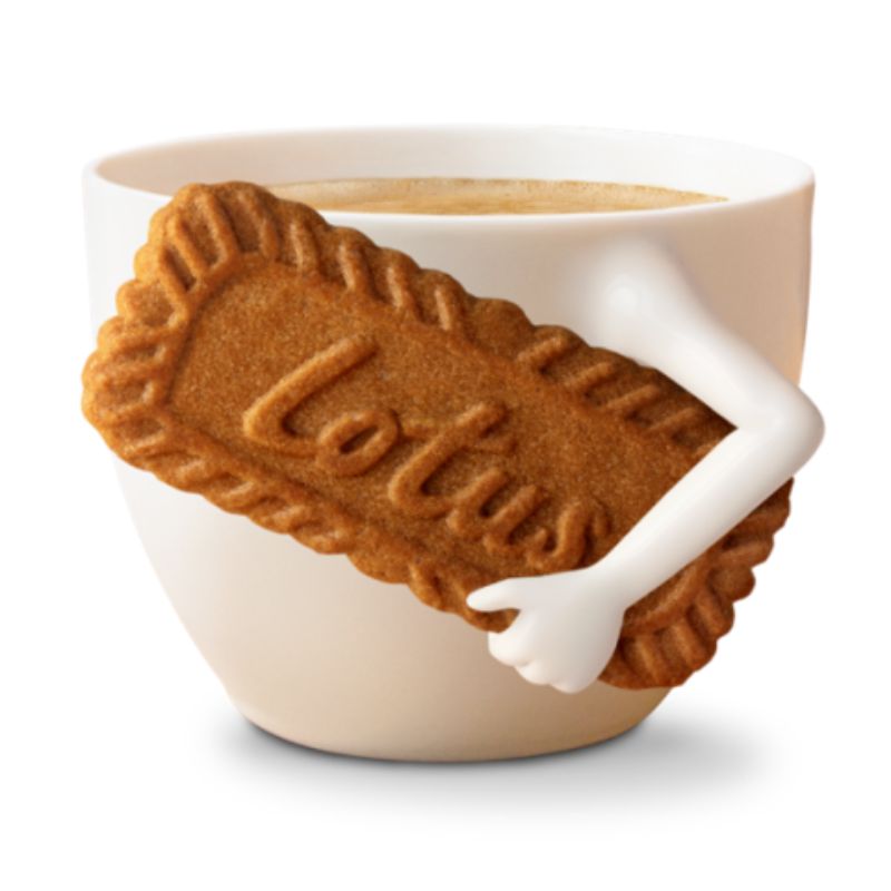 A whimsical image of a Lotus Biscoff biscuit hugging a cup of coffee, with its branding embossed on the biscuit.