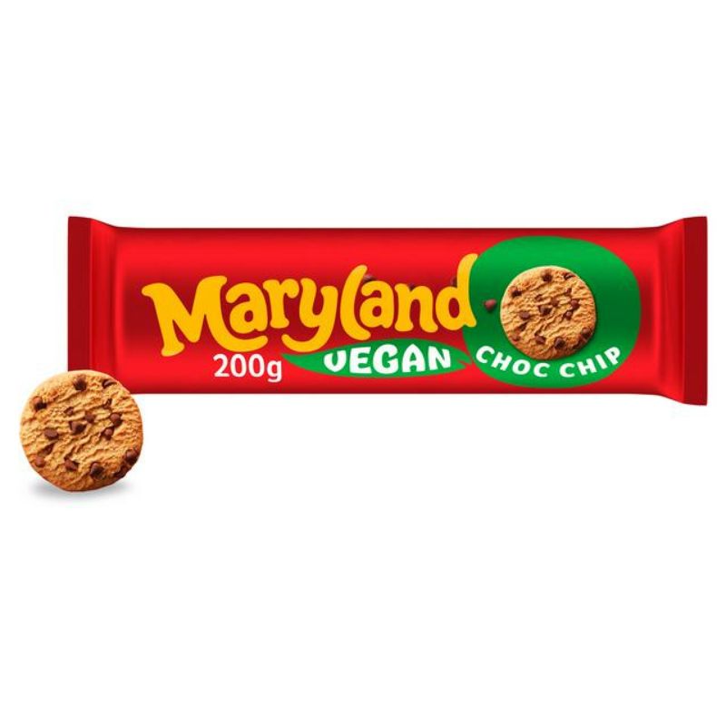 A pack of Maryland Vegan Choc Chip Cookies in red and green packaging, showing a close-up of a chocolate chip cookie.