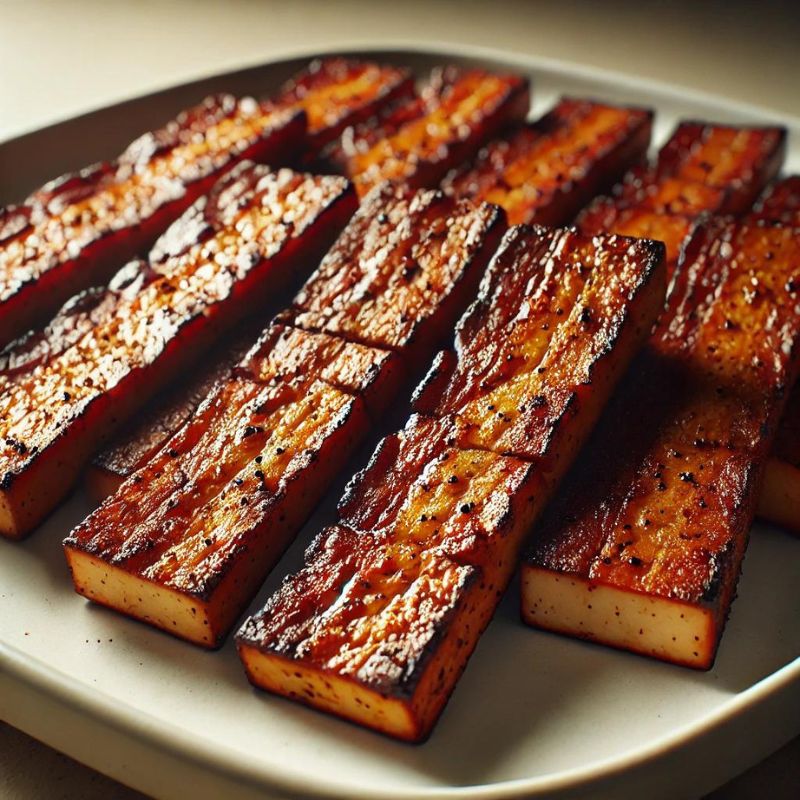 A plate of tofu bacon strips, carefully arranged in rows. The tofu has been sliced into thin, rectangular strips and cooked to a deep, crispy brown, mimicking the appearance of traditional bacon. The strips have a glossy, caramelised surface, likely from a marinade or glaze, and appear to be seasoned with pepper and other spices to enhance their flavour. The dish looks savoury and appetising, offering a plant-based alternative to classic bacon.